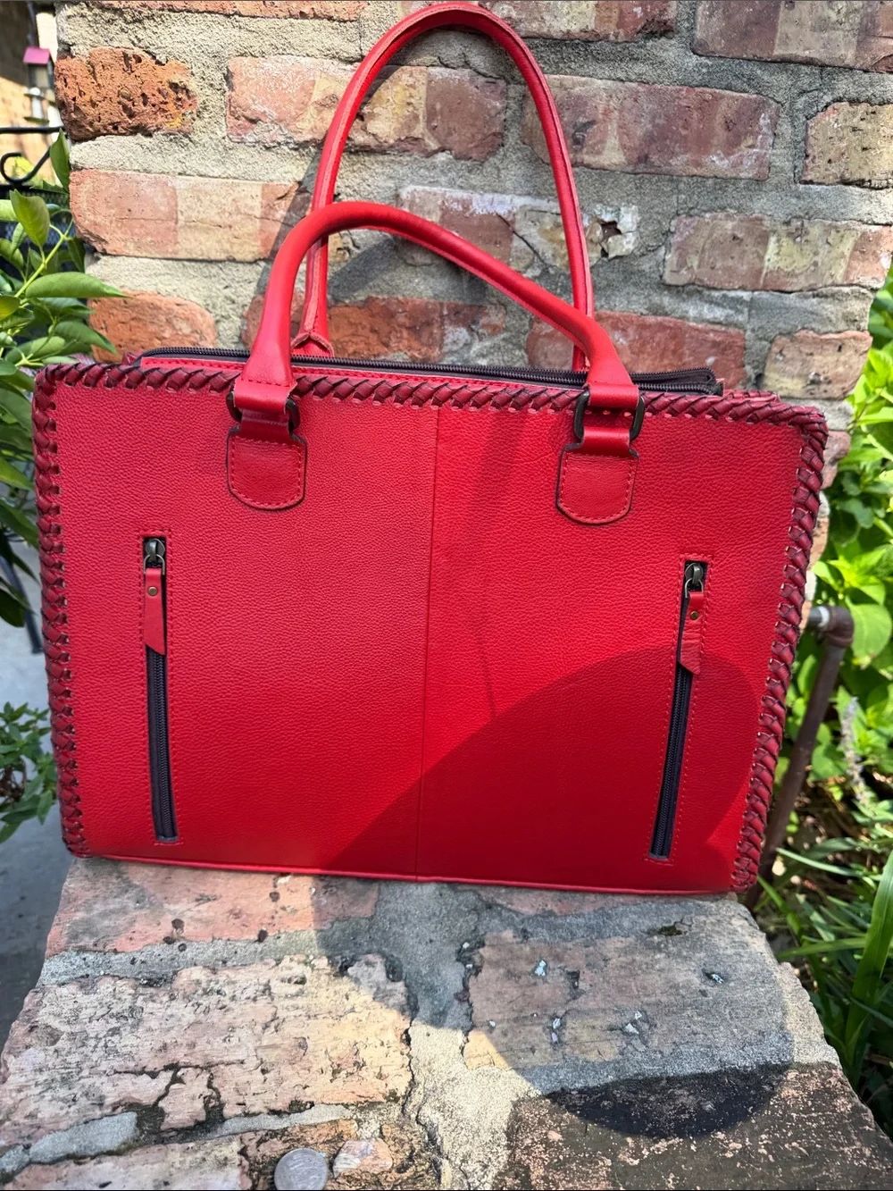 Women's Red Tooled Leather Tote with Hair-on-Hide Accents